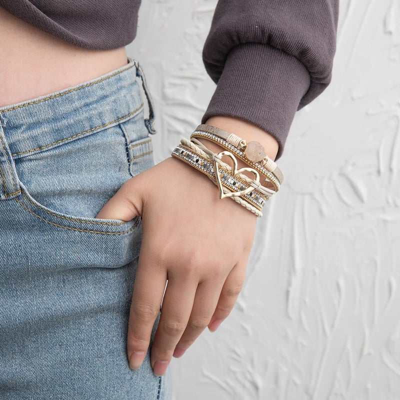 Rantanto Braid Leather Wrap Bracelet Trendy Stackable Crystal Cuff Boho Gold Heart Bracelet Jewelry Gift For Women - Image 3